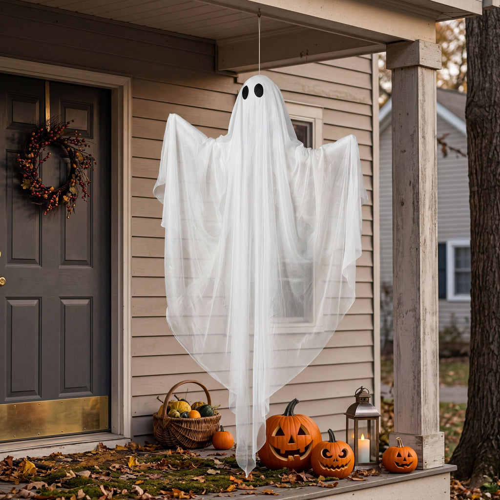 Joyfy 47inch Halloween Decorations Outdoor Hanging Ghost,Light up White Ghosts with Spooky Warm White LED Light,Halloween Outdoor Yard Porch Decorations,Haunted House Decorations