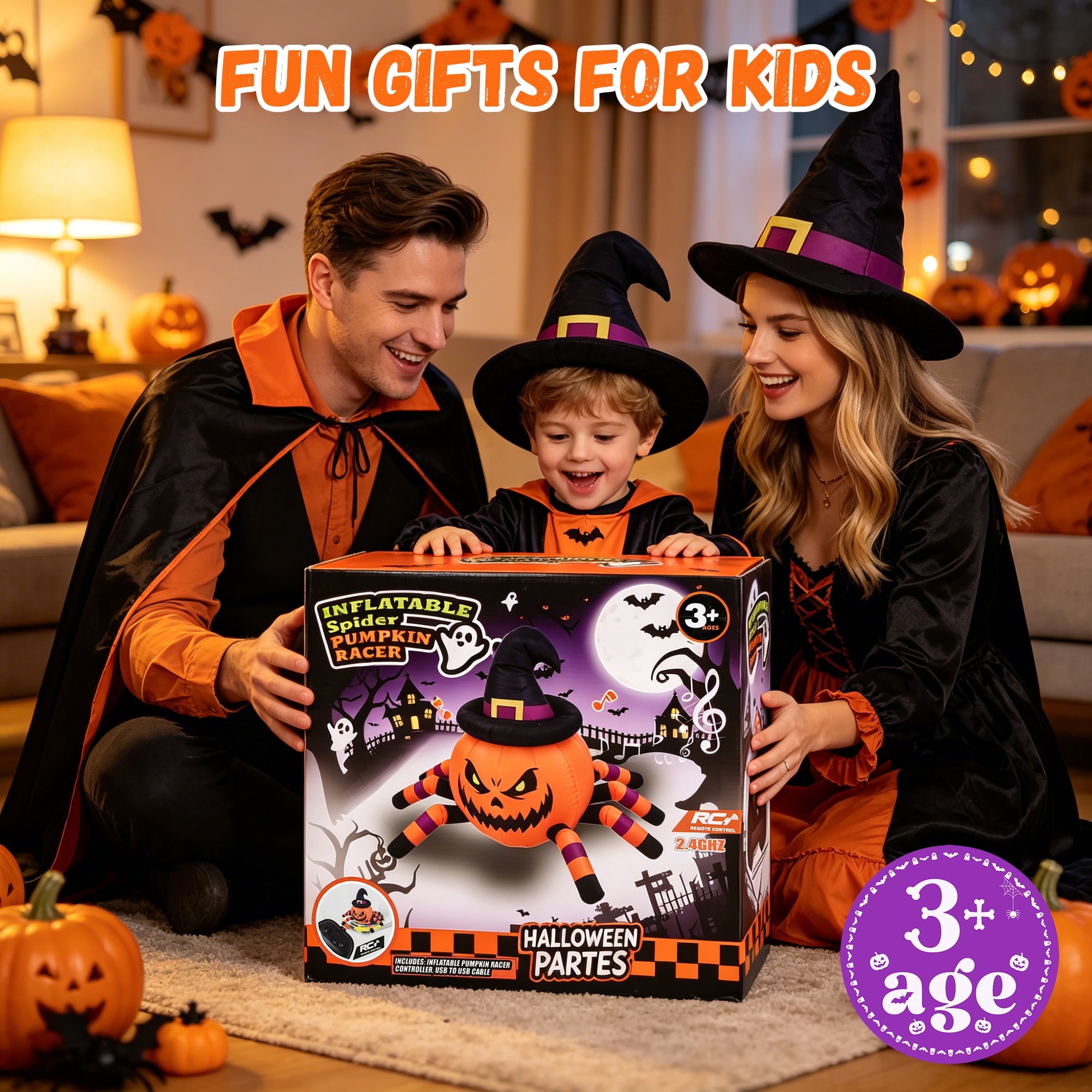 Firstness 2.6ft Halloween Inflatable with Music and Lights,Remote Control Pumpkin Ghost Car,Blow ups Rc Car,Indoor Outdoor,Orange Green