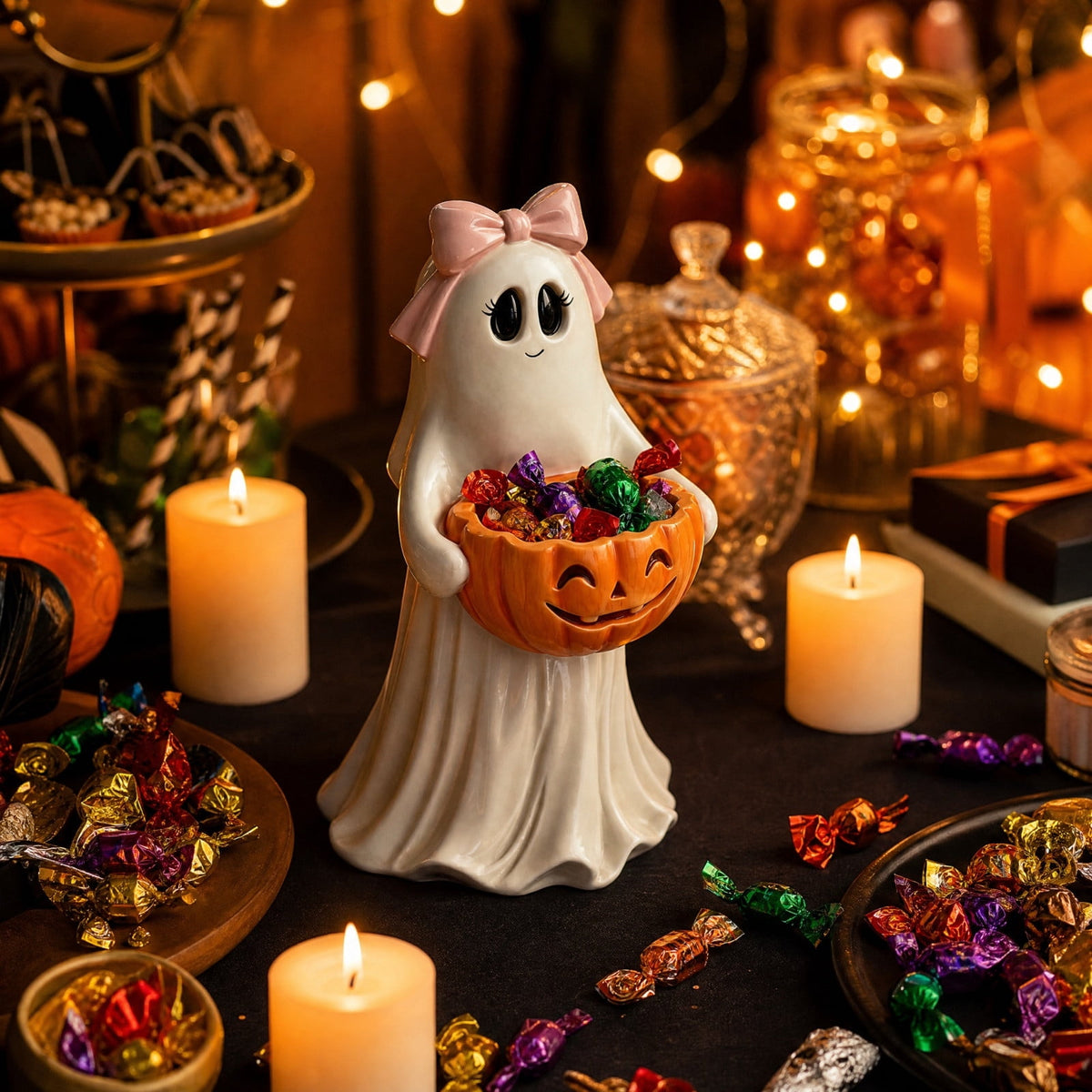 Diceymbol Halloween Pumpkin Snack Bowl Stand Collapsible Broomstick Candy Tray for Cupcakes & Desserts, Resin Serving Platter with Ceramic Pumpkin Bowls