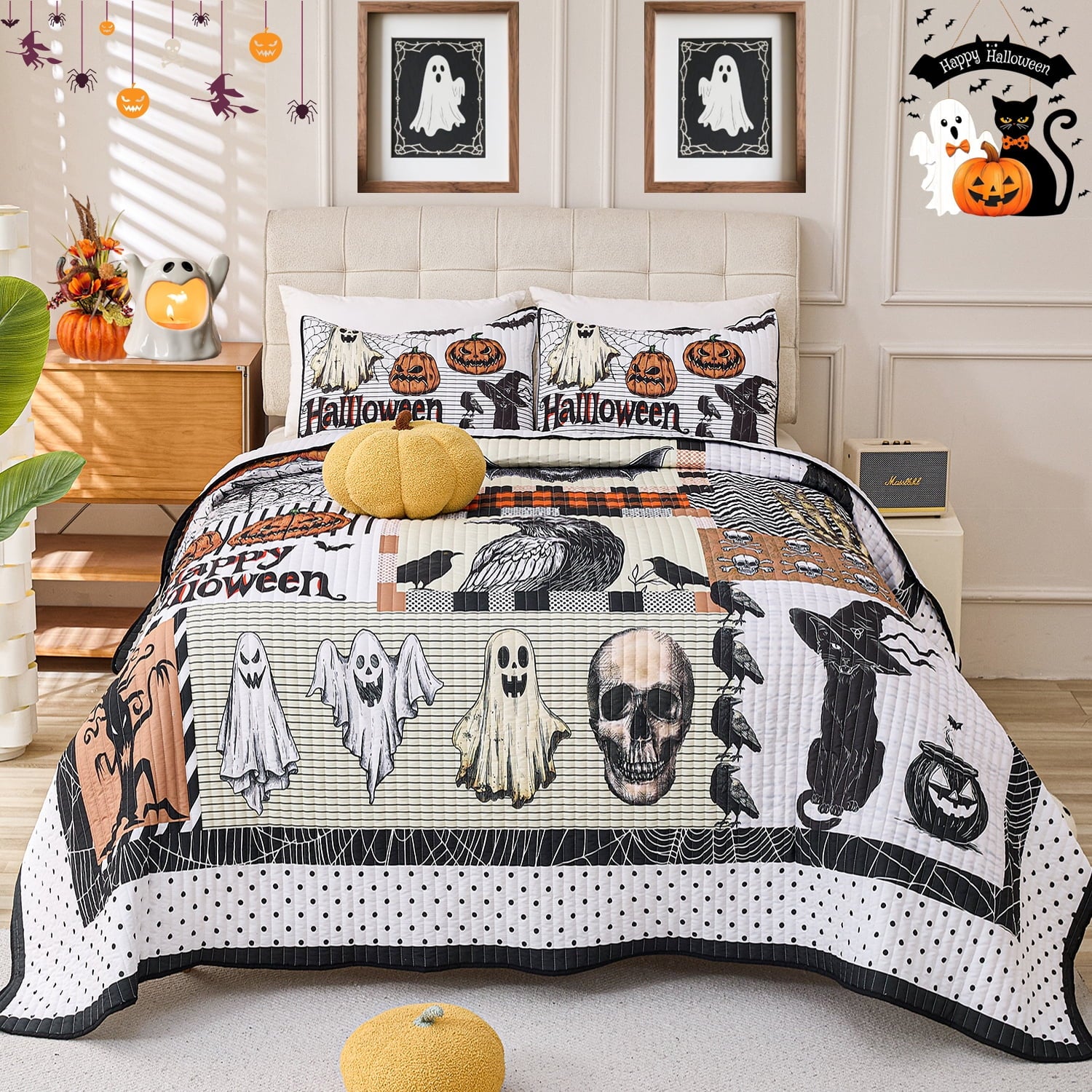 Evenhug Halloween Quilt Set,3-Piece Queen Size Bat Crow Pumpkin Halloween Themed Bedding Set Reversible Coverlet Set with 2 Pillow Shams