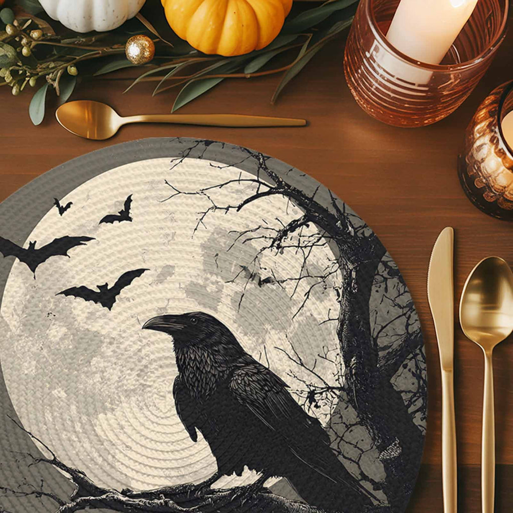Halloween Round Placemats Set of 4 Black Crow Bats Place Mats Washable Woven Placemat Horror Moon Tree Branch Circle Braided Table Mat for Kitchen Dining Table Holiday Party Home Decor 15 Inch