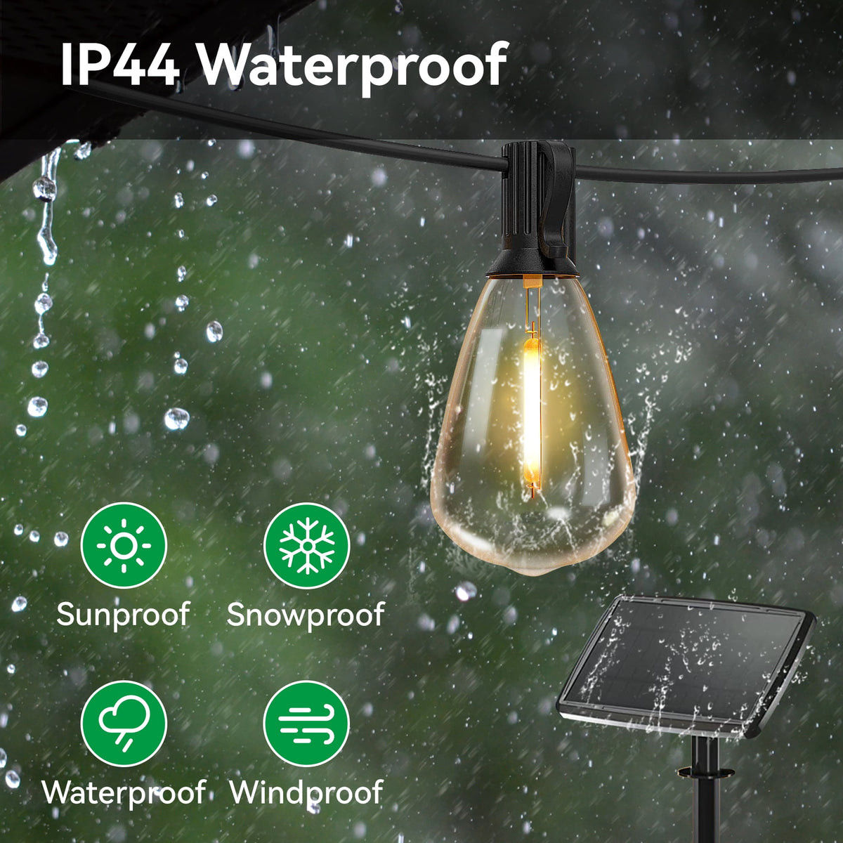 DAYBETTER 100ft Solar Outdoor String Lights, with 24 Shatterproof Bulbs, ST38 Waterproof Hanging Lights, Outdoor Solar Lights for Yard, Patio