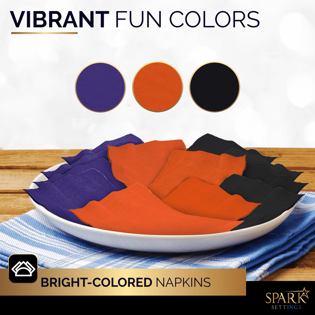 Amcrate Big Party Pack 200 Count Black Orange Beverage Napkins - Ideal for Halloween Party, Wedding, Party, Birthday, Dinner, Lunch, Cocktails. (5” x 5”)