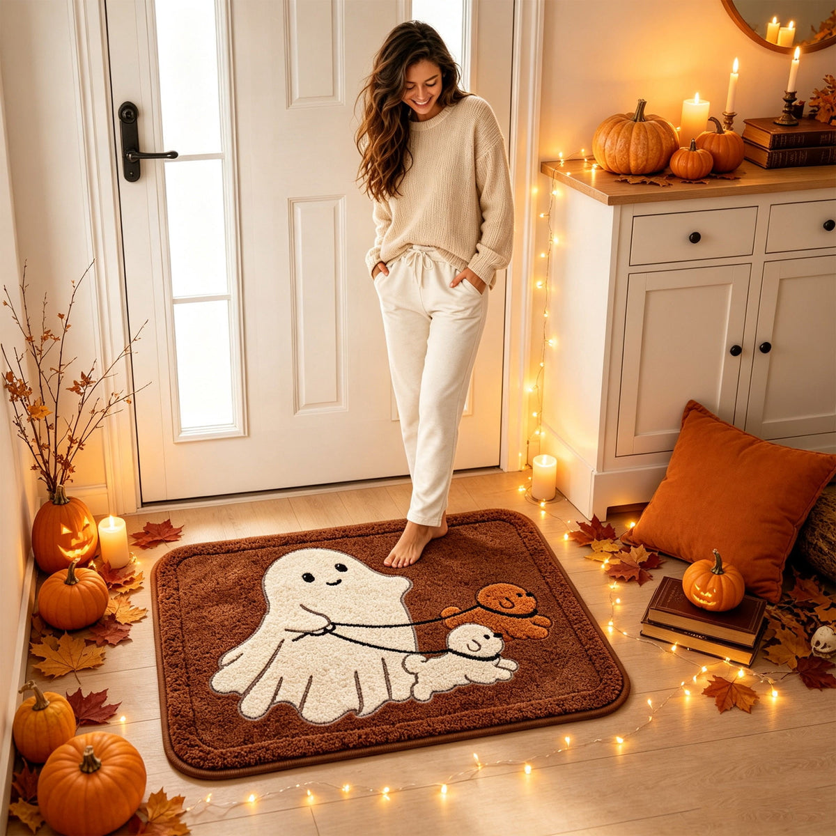 Halloween Bath Mat Ghost Multicolor Irregular Mat 27.56x17.72in Polyester Skidproof & Absorbent for Bathroom Entryway Living Room Halloween Door Mat by MPOISVA