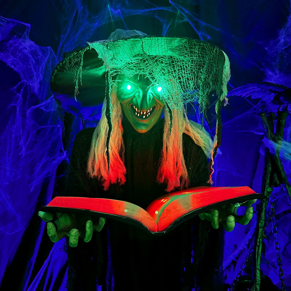 Haunted Hill Farm 5.5 ft Poseable Witch with Spell Book, Lights and Sound, Indoor/Covered Outdoor Halloween Decoration, HHWITCH-9FLS