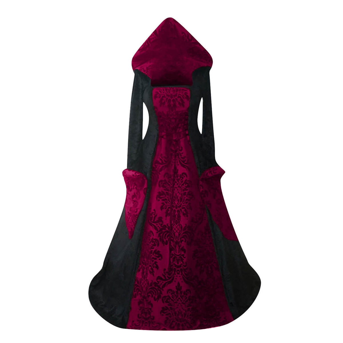Medieval Damask Gown, Renaissance Witch Costume, Halloween Vampire Dress, Bell Sleeve Hooded Gown, Women Victorian Gothic Hooded Witch Dress Vampire Sorceress Vintage Renaissance Ball Gown, Red L