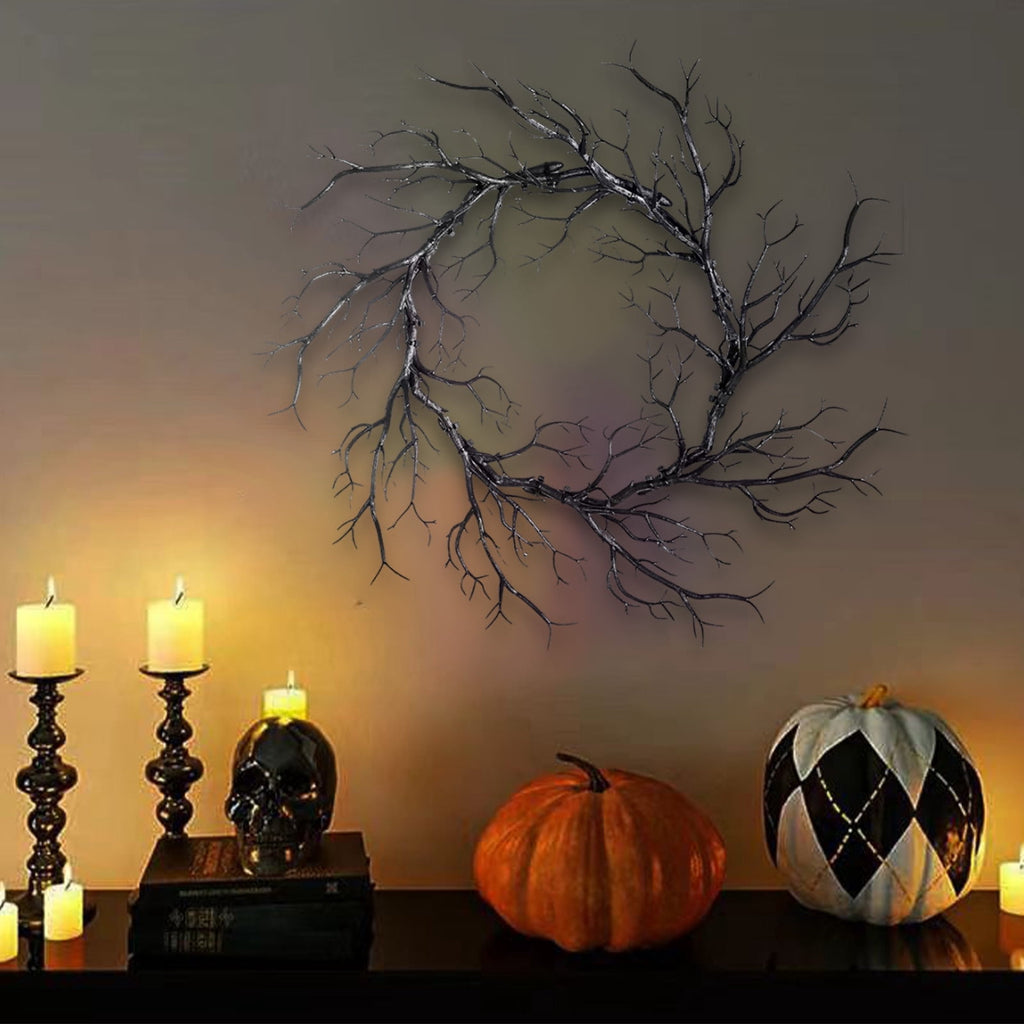 WWC Halloween Wreath, 18 inch Black Bats and Bare Branch Wreath, Gothic Halloween Decor Twig Wreath for Halloween Party Front Door Porch and Fireplace
