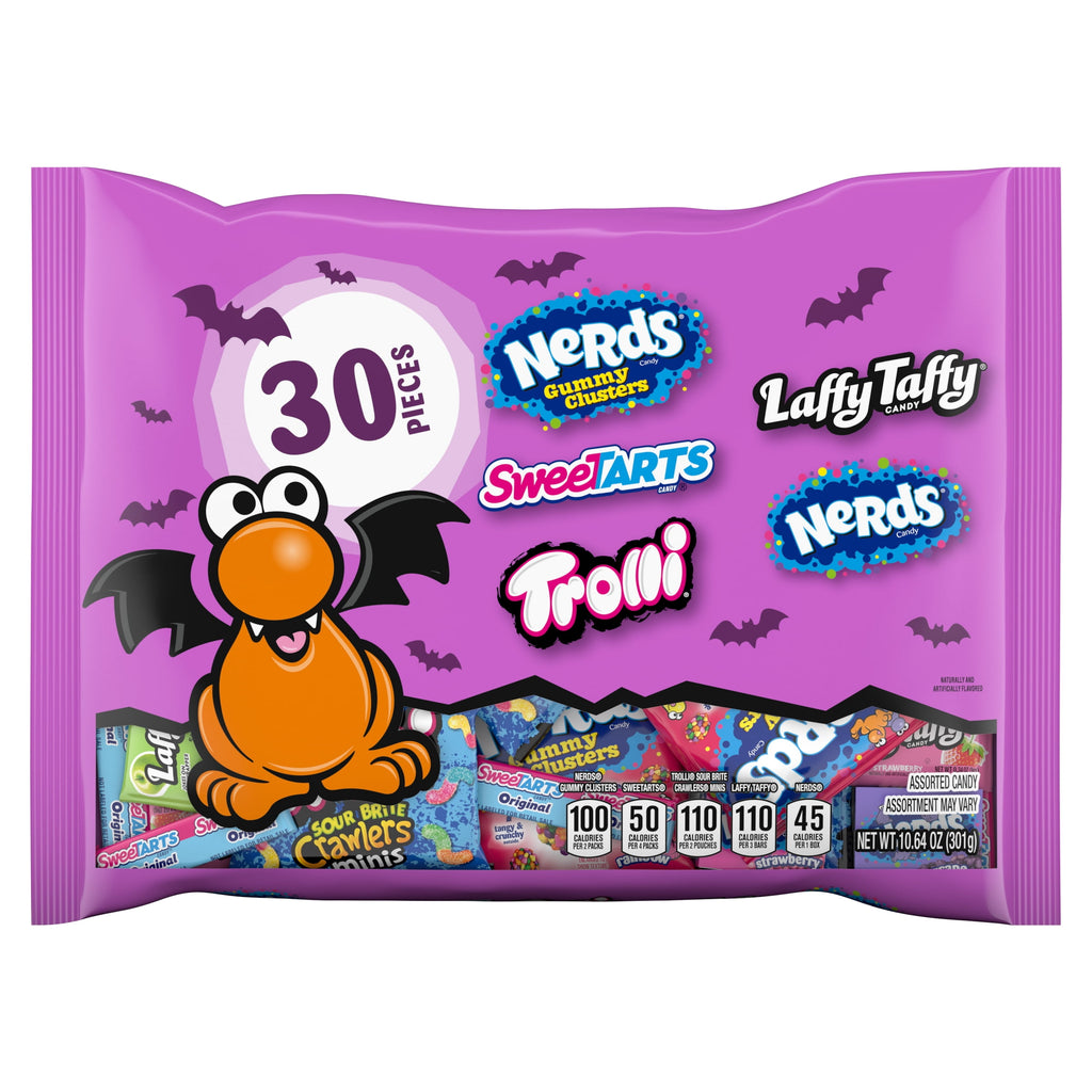 Nerds Core Winners Halloween Trick-or-Treat Variety Bag, NERDS Gummy Clusters, SweeTARTS, Trolli, Laffy Taffy, and NERDS Original, 30 Pieces, 10.64 Ounces
