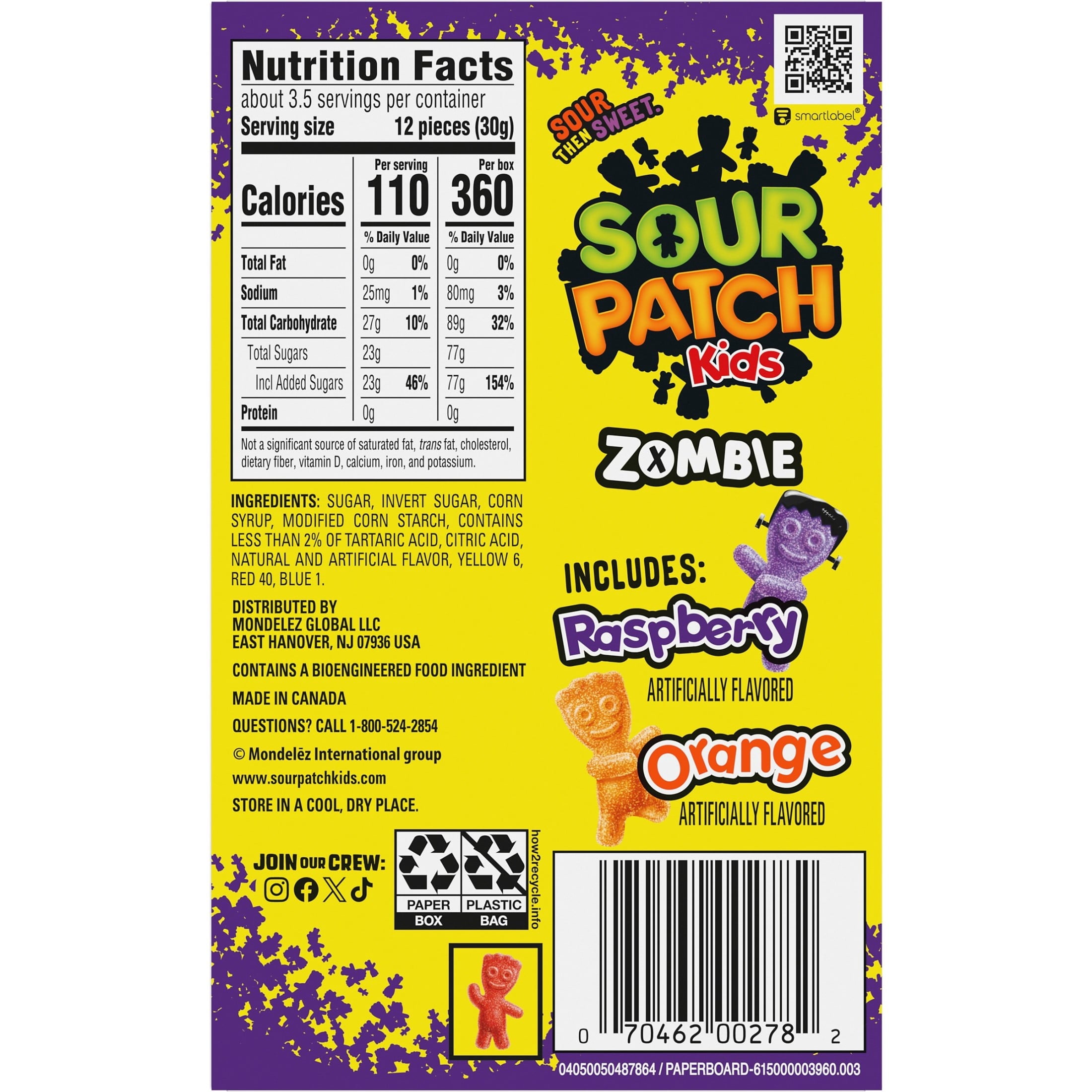 SOUR PATCH KIDS Zombie Orange & Purple Soft & Chewy Halloween Candy, 3.5 oz