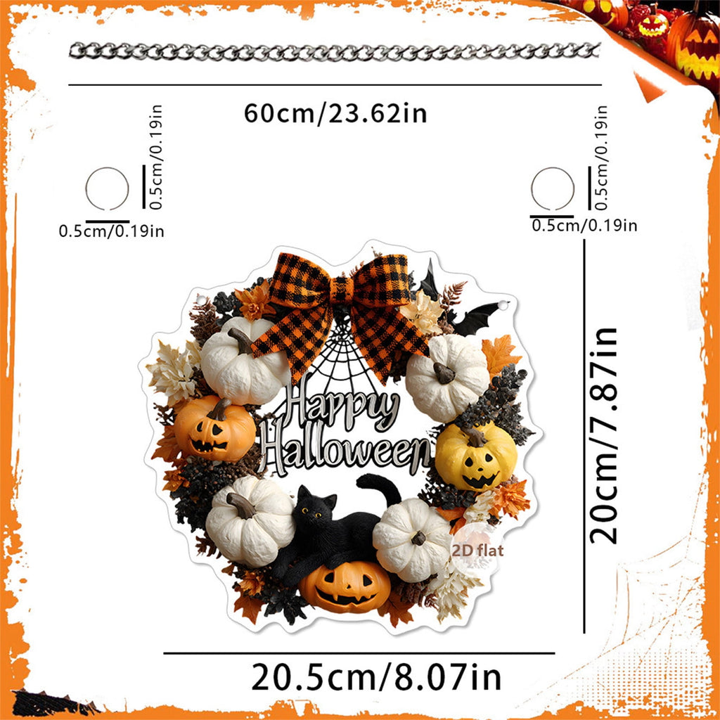 Btomtd Diameter 8" Pumpkin Skull Wreath Halloween Decor Acrylic Round Disk Hanging Ornament with Garland for Front Door Window, A