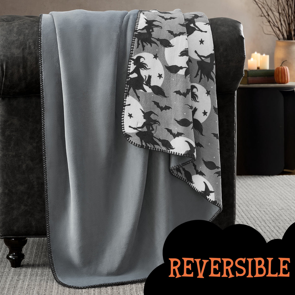 Boo-tique Halloween Plush Soft Oversized Couch Throw Blanket, Cats and Pumpkins, Orange, 50 x 72 in