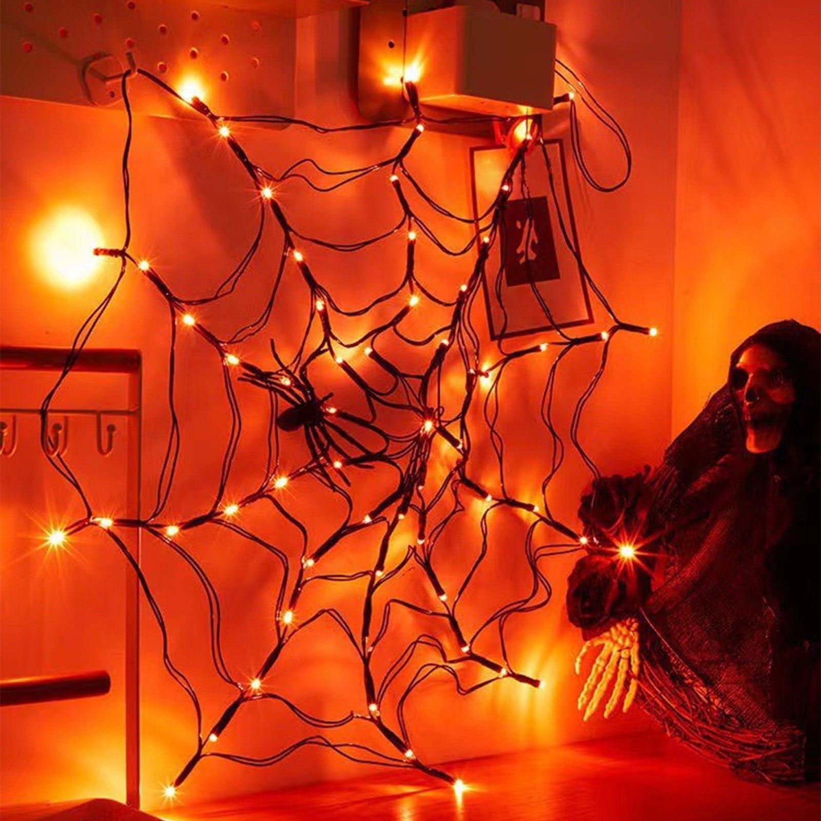 Clearance! Halloween Arachnid Web Lights 1M Diameter 60 LED with Black Spider, Water Proof Purple Net Lights, Remote Control, Halloween Decorations for House Garden