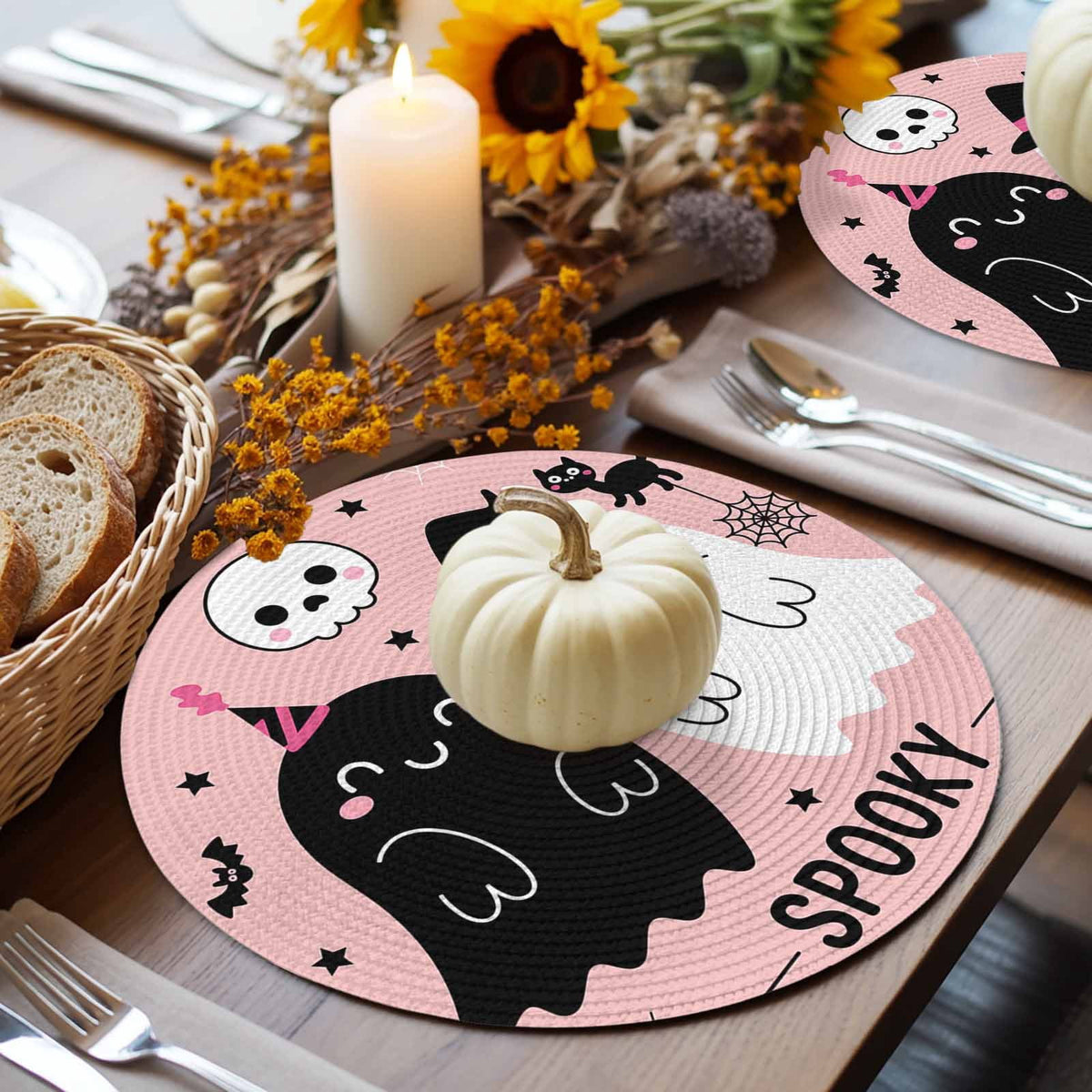 Halloween Round Placemats Set of 4 Cute Ghost Place Mats Washable Woven Placemat Spooky Skull Bat Cat Pumpkin Pink Circle Braided Table Mat for Kitchen Dining Table Holiday Party Home Decor 15 Inch