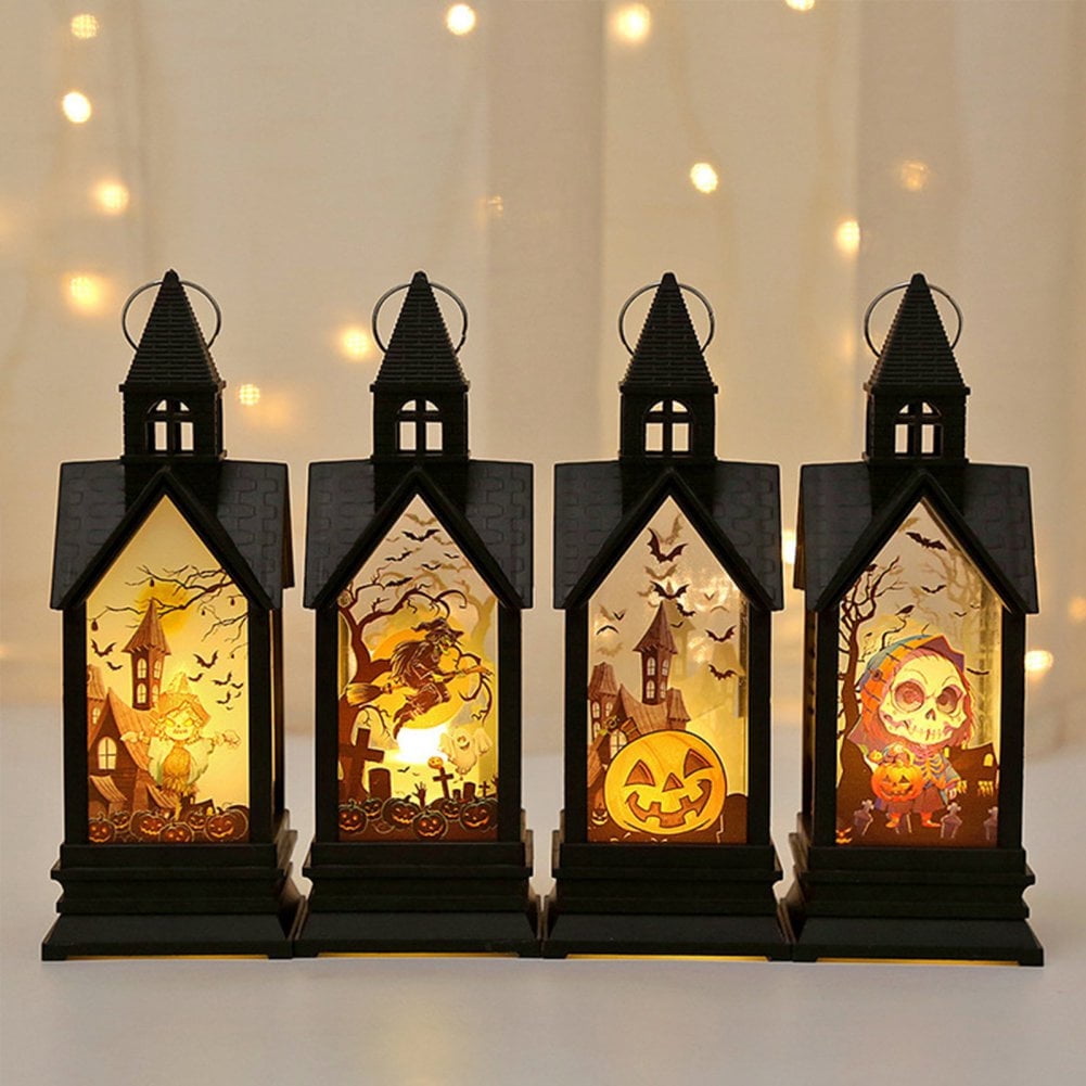 4 Pack Halloween Lanterns Portable Orange Candle LED Halloween Lamp Lights, Spooky Skeleton Owl Bat Castle Flame Lights Decorative Hanging Lanterns for Indoor Outdoor Home Party Porch House Bar