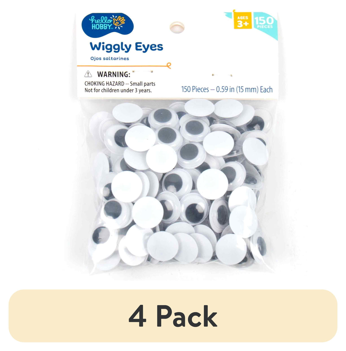 (4 pack) Hello Hobby Black and White Plastic Wiggly Eyes, 150-Pack