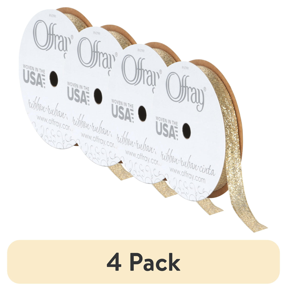 (4 pack) Offray Ribbon, Gold 3/8 inch Galena Metallic Ribbon for Wedding, Crafts, and Gifting, 9 feet, 1 Each
