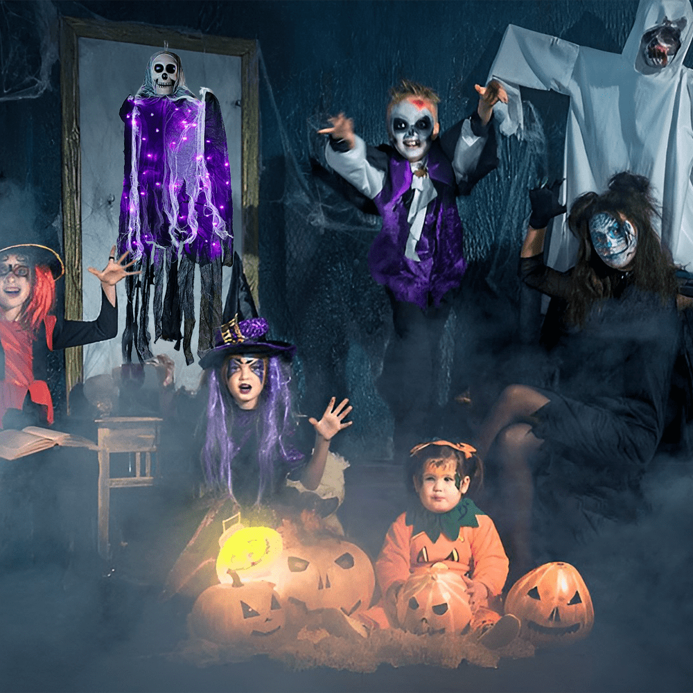 Halloween Hanging Grim Reaper with 60 LED Purple Halloween Lights,2 Lighting Modes Halloween Decoration Waterproof Battery Operated for Indoor/Outdoor Party,Yard,House Decor