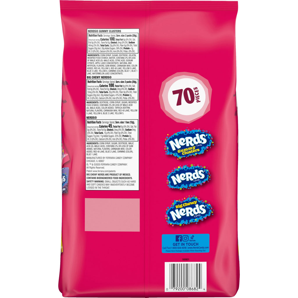 Nerds Halloween Assorted Candy, Halloween Trick-or-Treat Variety Bag, NERDS Gummy Clusters, Big Chewy, Originals Strawberry and Grape, 70 Count, 32.21 Ounces
