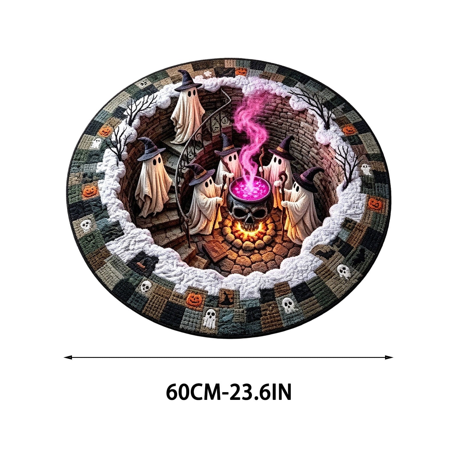 Halloween Round Rug 50cm Optical Illusion, Spooky Ghost Pumpkin Skull Mat, Non-Slip Entryway Bedroom Doormat for Home Party Floor Decor