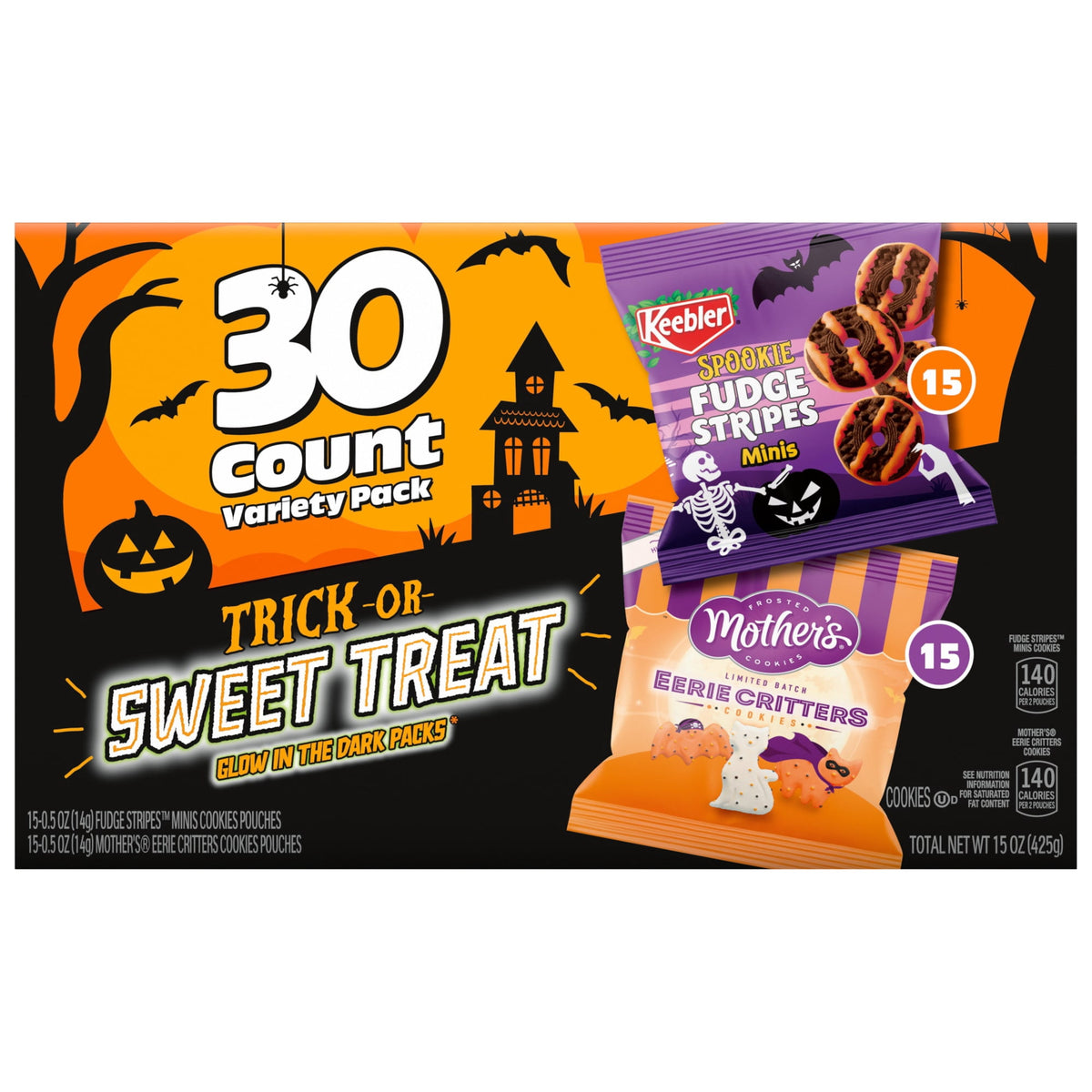 Keebler Trick Or Sweet Treat Variety Pack, Spookie Fudge Stripes Minis & Mother’s Eerie Critters, 30 Ct, 15 oz