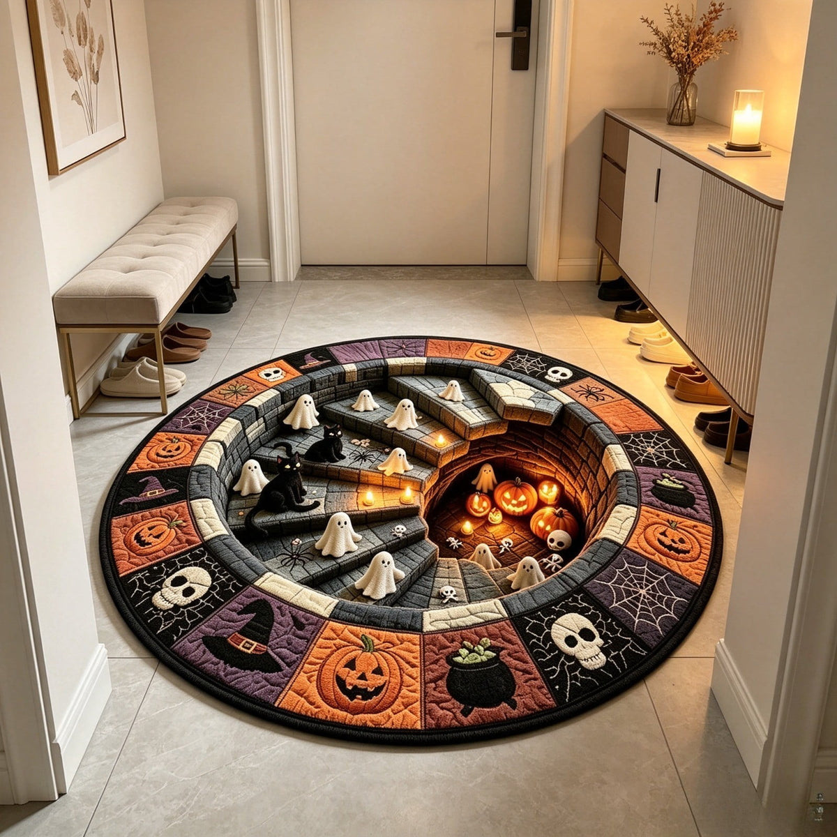 Halloween Wreath Shaped Rugs, Soft Indoor Mat for Entryway, Kitchen, Halloween Party, Pumpkin Witch Spooky Home Decor, 23.62x15.75 Inches