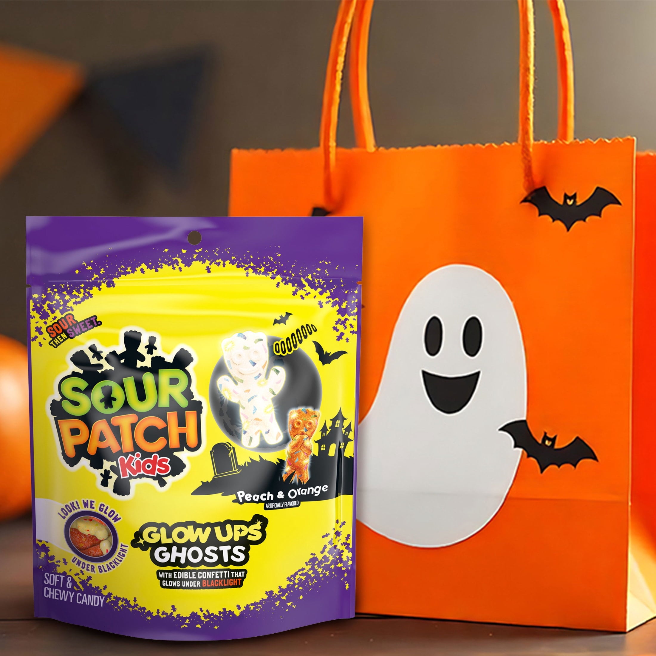 SOUR PATCH KIDS Glow Ups Ghosts Soft & Chewy Gummy Halloween Candy, 8.37 oz