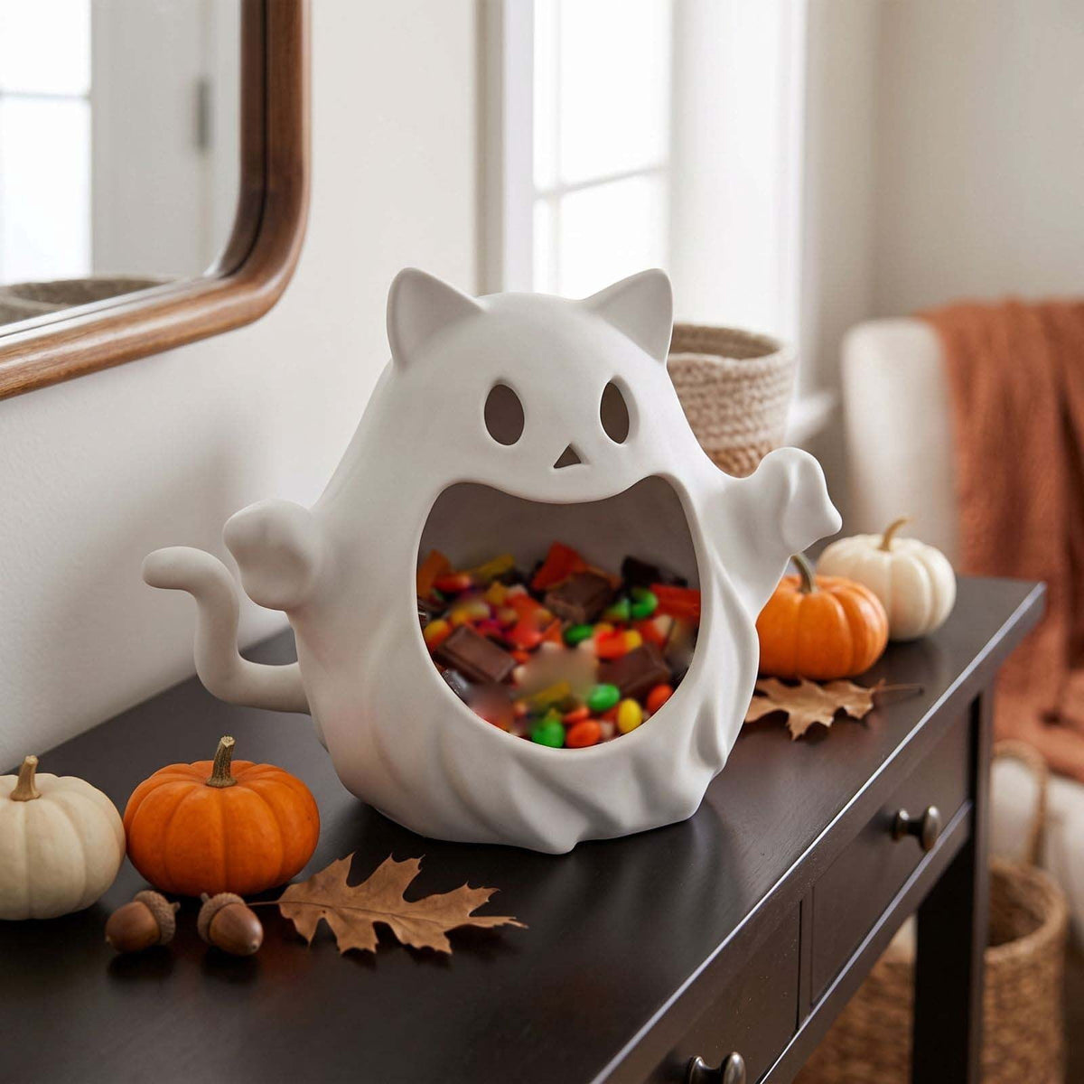 Diceymbol Halloween Pumpkin Snack Bowl Stand Collapsible Broomstick Candy Tray for Cupcakes & Desserts, Resin Serving Platter with Ceramic Pumpkin Bowls
