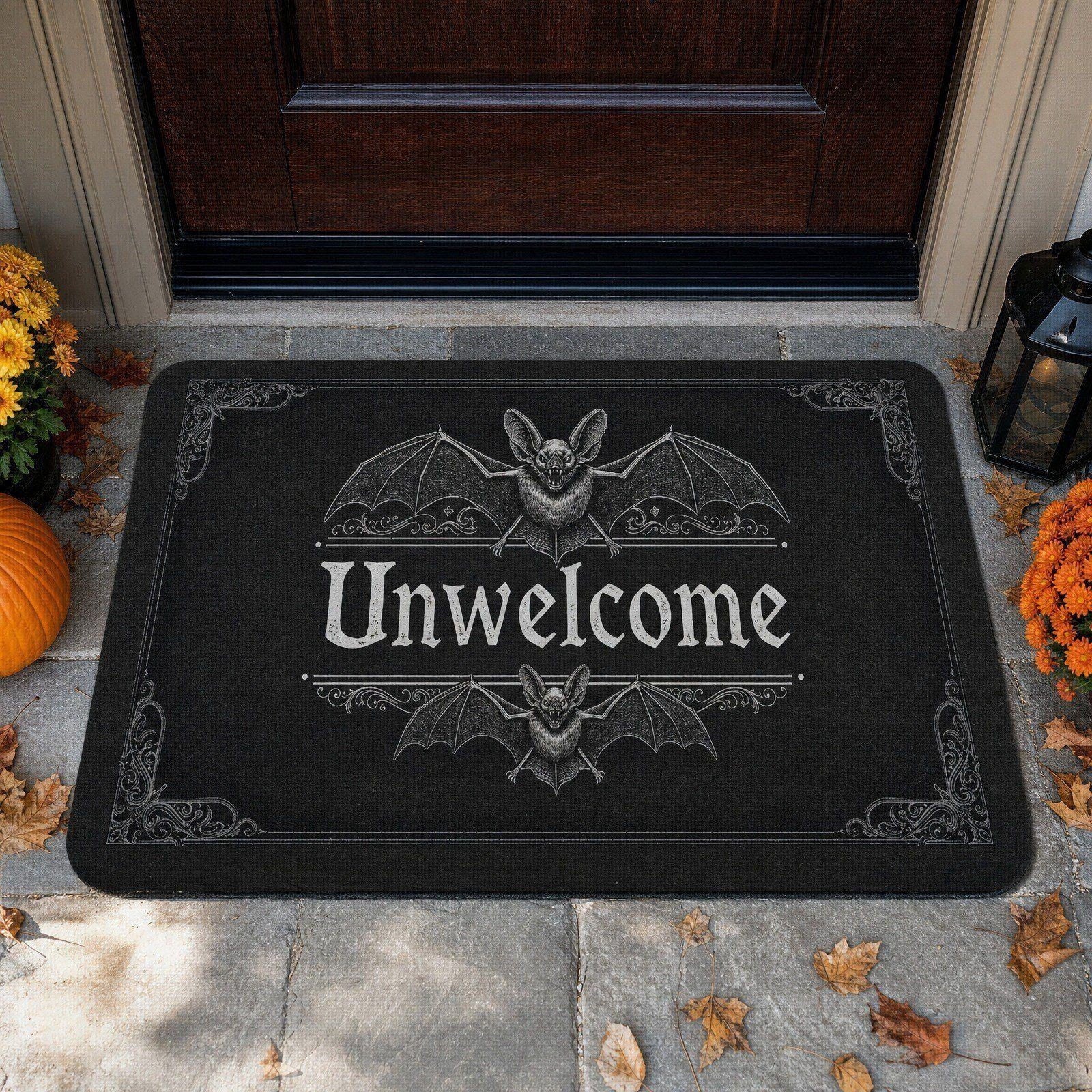 Halloween Heart Print Doormat 60x40cm, Black Orange Spooky Entry Mat for Front Door, Non-Slip Indoor Outdoor Rug