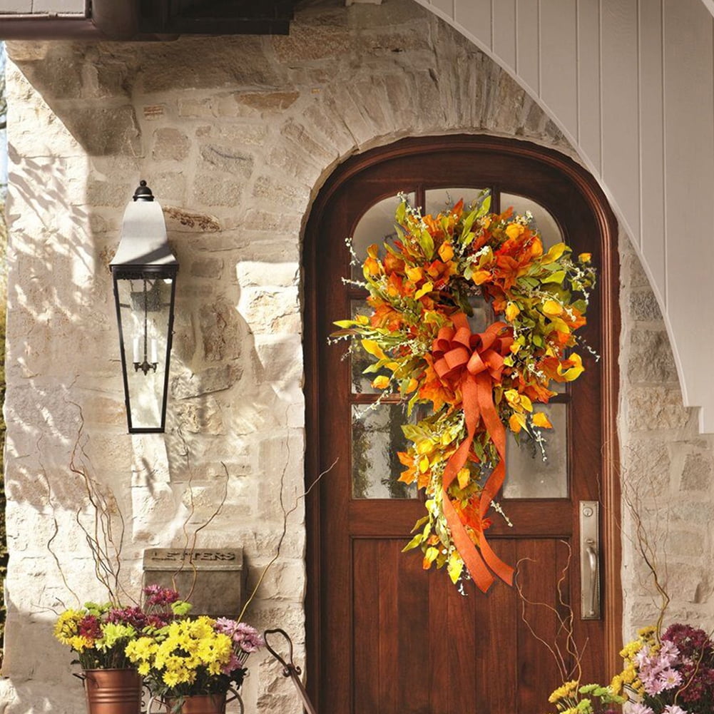 Yucurem 23.62" Fall Wreaths for Front Door, Artificial Maple Leaves Wreath for Christmas Halloween Thanksgiving Harvest Farmhouse Porch Decor