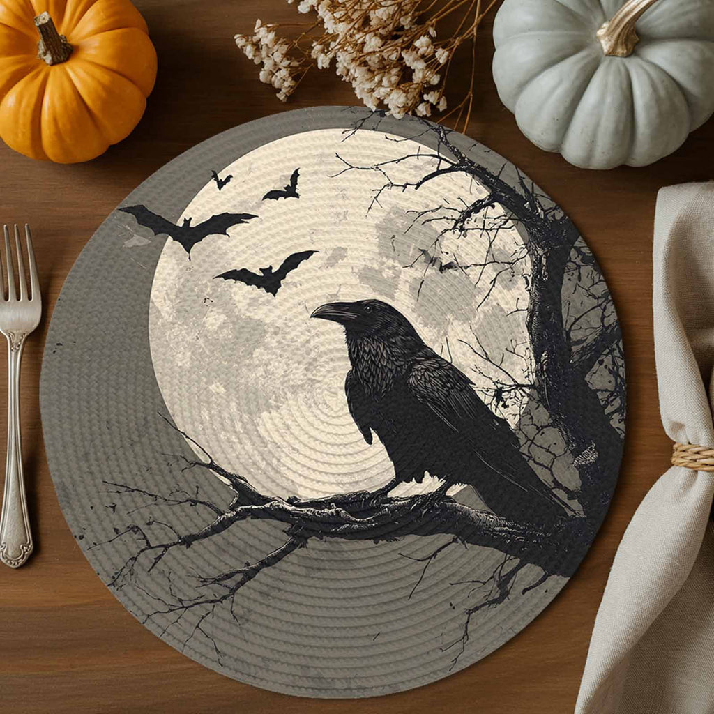 Halloween Round Placemats Set of 4 Black Crow Bats Place Mats Washable Woven Placemat Horror Moon Tree Branch Circle Braided Table Mat for Kitchen Dining Table Holiday Party Home Decor 15 Inch
