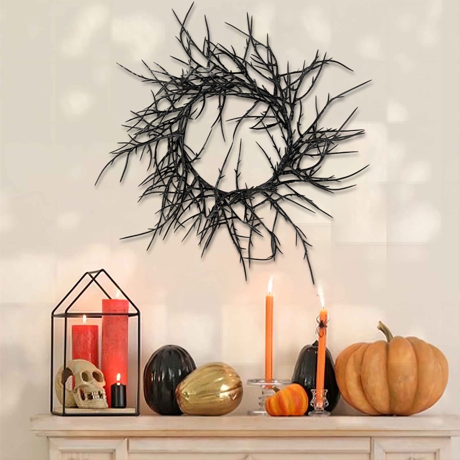 Boovnll Halloween Wreath, 18" Horror & Novelty Handmade Black Twig Glitter Bats Halloween Wreaths for Front Door Fireplace Wall Porch Party Decor, Halloween Decorations