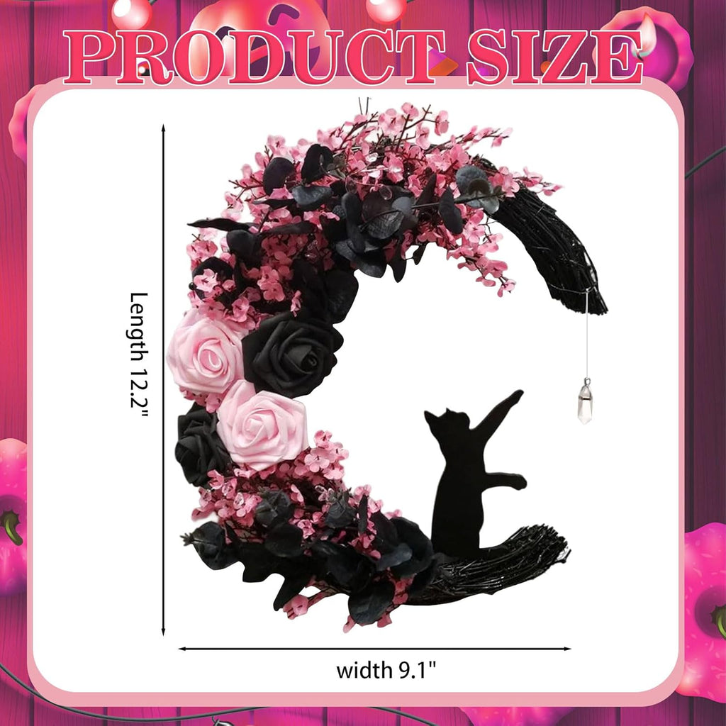 Halloween Wreaths For Front Door, Flower Moon Cat Halloween Home Decoration, Halloween Family Gathering Decoration Wreath，Outdoor, Wall, Closet, Fence, Wreath Halloween (Pink roses)