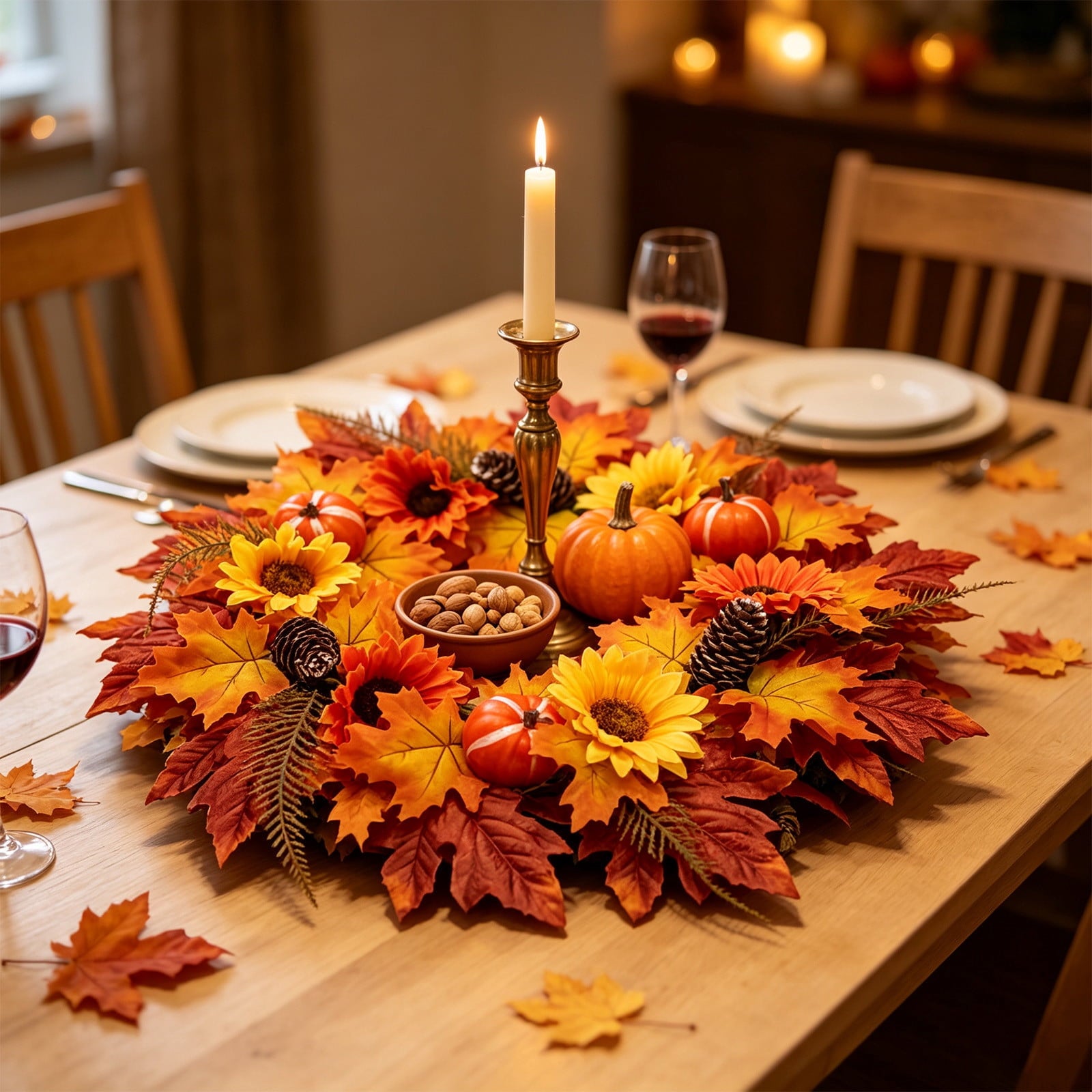 HOARBOEG Handmade Wrought Iron Maple Leaf Wreath, Thanksgiving Rudolph Fall Harvest Door Hanging, Orange Metal Autumn Wreath with Berries, Garden Wall Decor, 15.75 in
