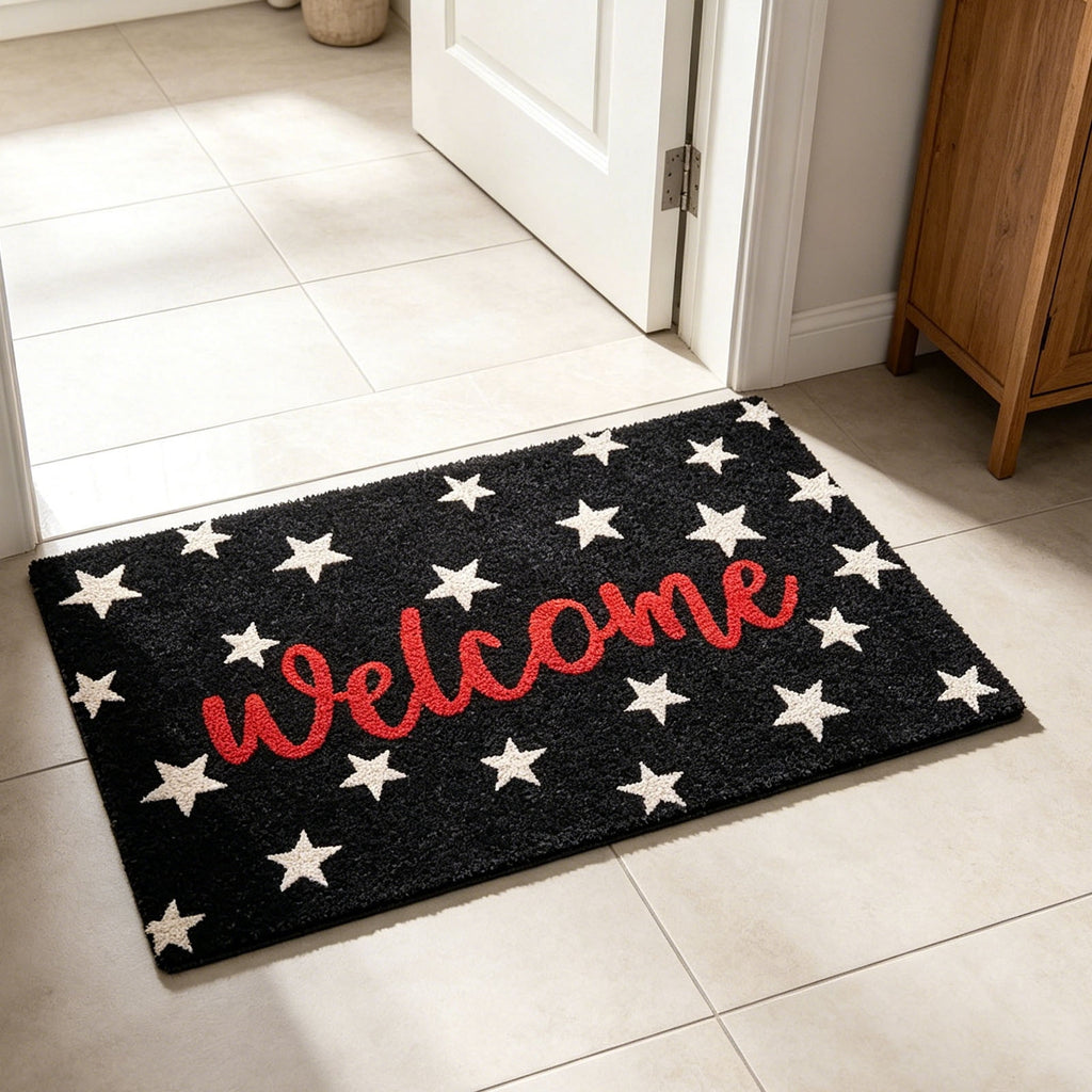Patriotic Door Mat 4th of July Bow Flag Floor Doormats Independence Day Star Welcome Non Slip Mats for Front Porch Decor 16*24in Black