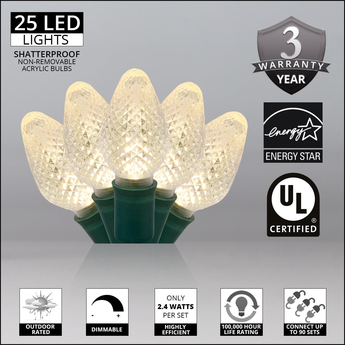 Wintergreen Lighting 25ct C7 LED Multi-Color Christmas Lights, 8" Spacing – Green Wire
