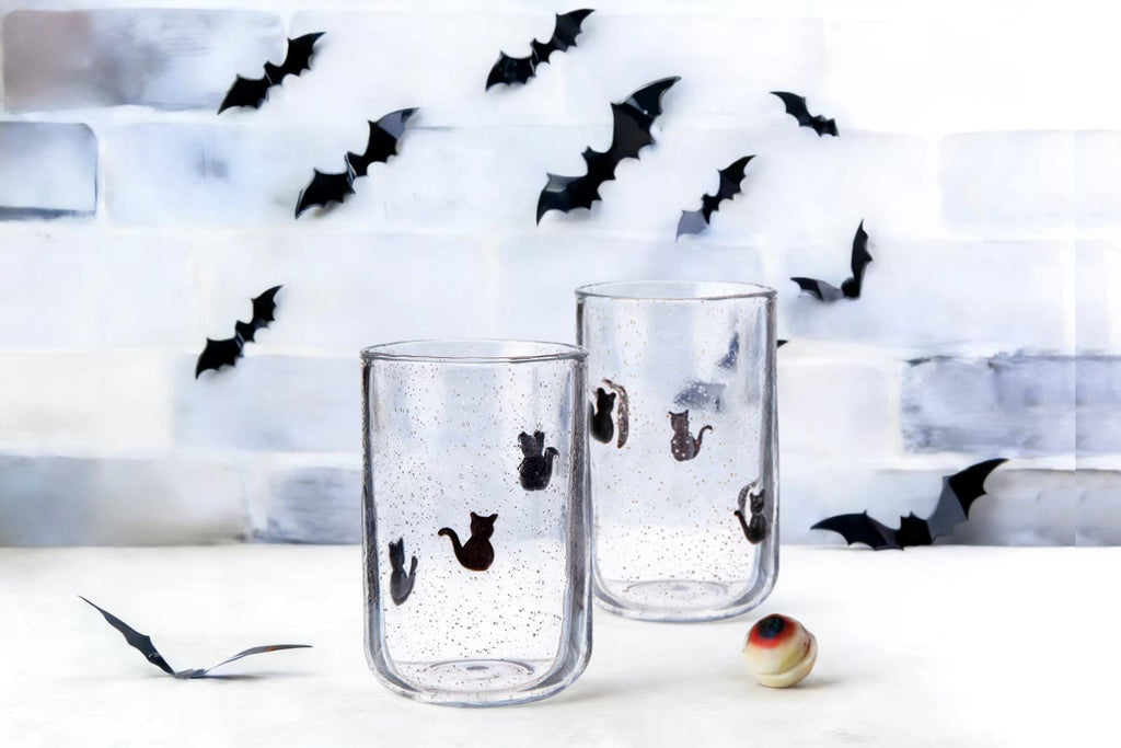 Way To Celebrate 2-Pack 16 oz Old Fashioned Glasses, Bubble Finish, Cat Halloween Design
