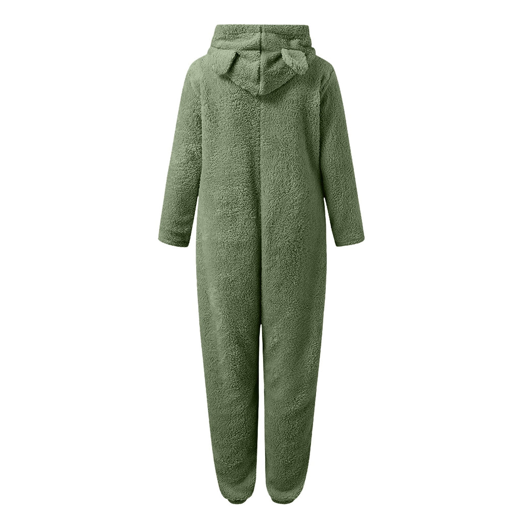 QATAINLAV Sherpa Fleece Jumpsuit for Women Winter Warm Fuzzy Onesie Pajamas Cute Cat Hooded Romper Casual Zip Up Overalls Sleepwear Black XL