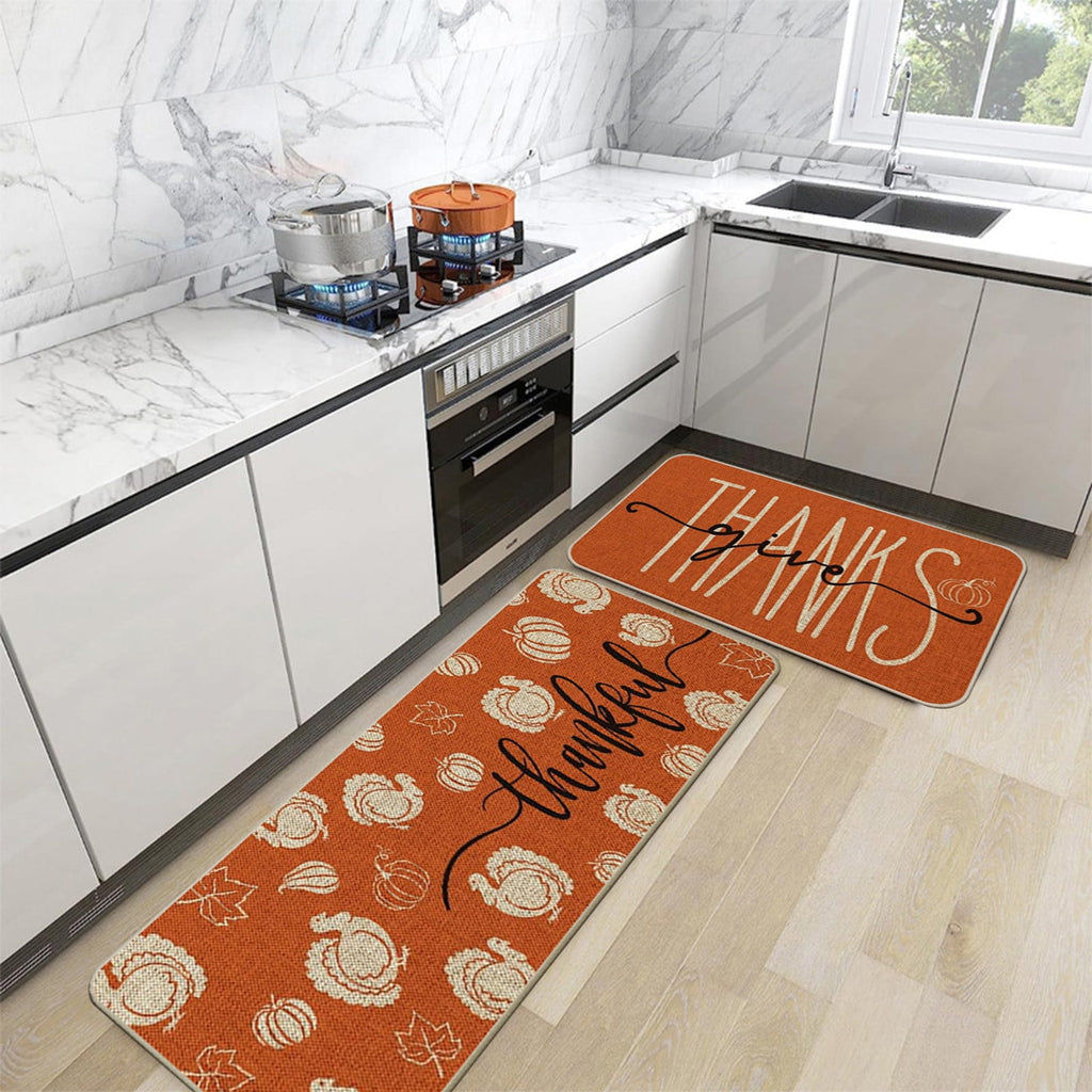 Decorative Kitchen Floor Mats Set of Two, Fall Theme Pumpkin Turkey Pattern Kitchen Rugs and Mats for Outdoor Indoor Kitchen Decor Halloween Thanksgiving Non-Slip Doormat