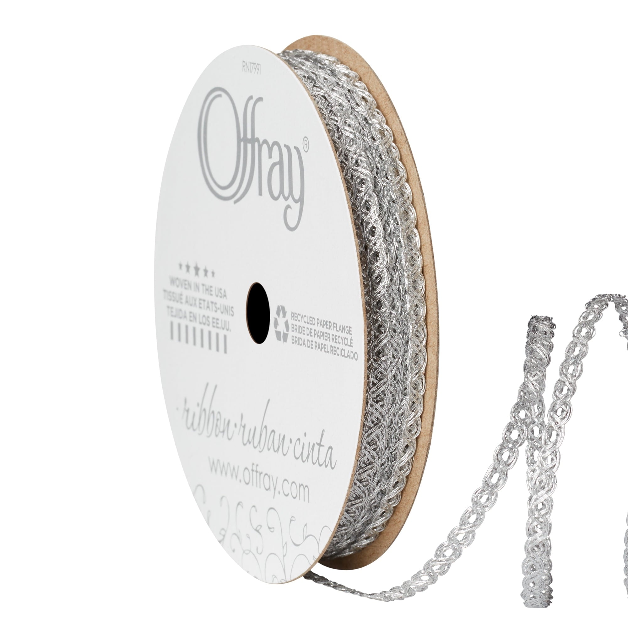 (4 pack) Offray Ribbon, Silver 1/8 inch Metallic Ribbon for Wedding, Crafts, and Gifting, 12 feet, 1 Each
