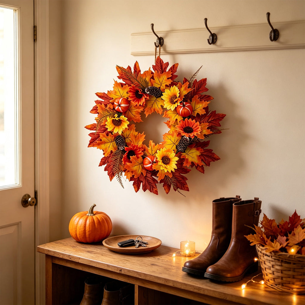 HOARBOEG Autumn Harvest Sunflower Wreath, Artificial Pumpkin Maple Leaf Fall Wreath for Front Door, 21.65 in Thanksgiving Wall Hanging Decor, Outdoor Indoor Harvest Decor