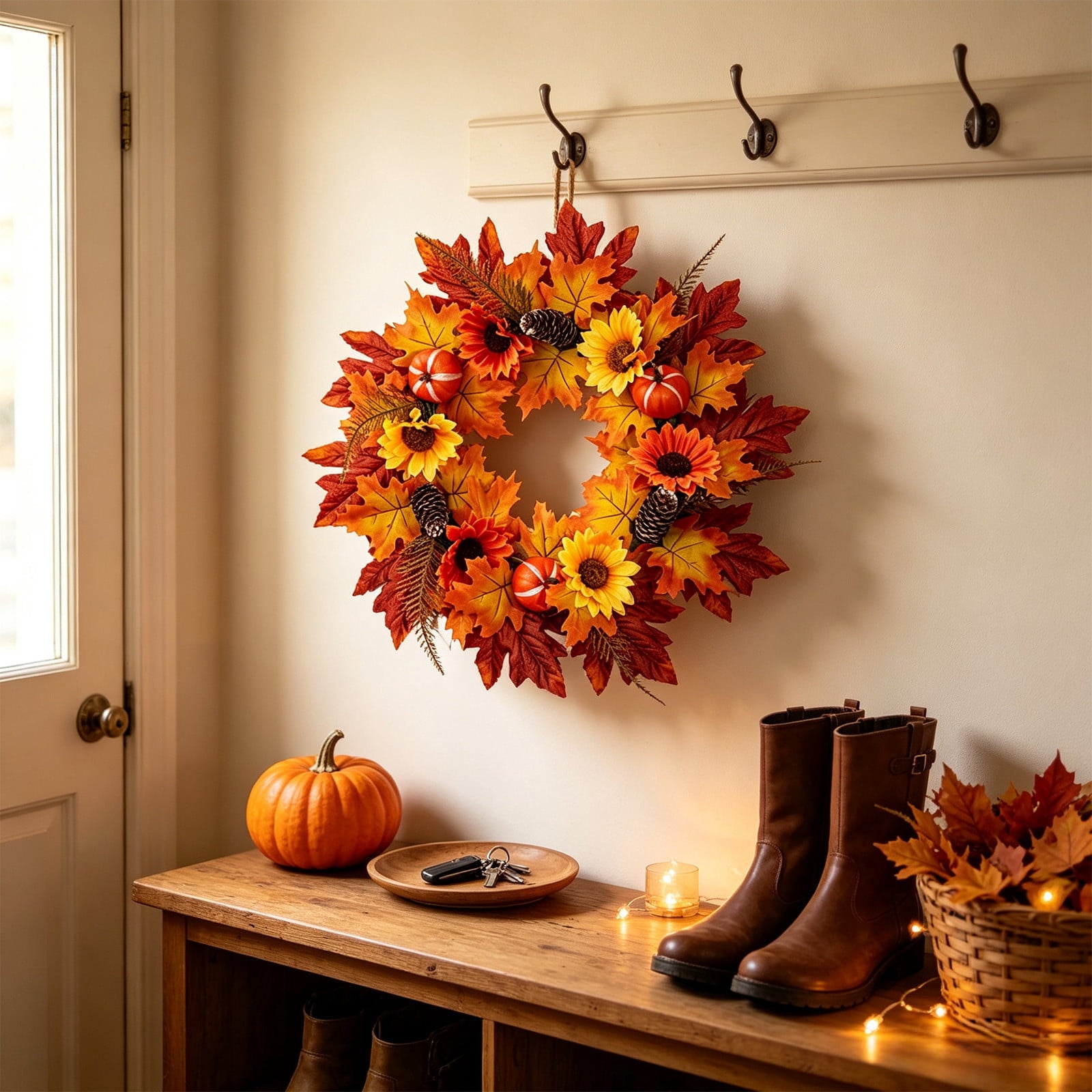 HOARBOEG Autumn Harvest Sunflower Wreath, Artificial Pumpkin Maple Leaf Fall Wreath for Front Door, 21.65 in Thanksgiving Wall Hanging Decor, Outdoor Indoor Harvest Decor