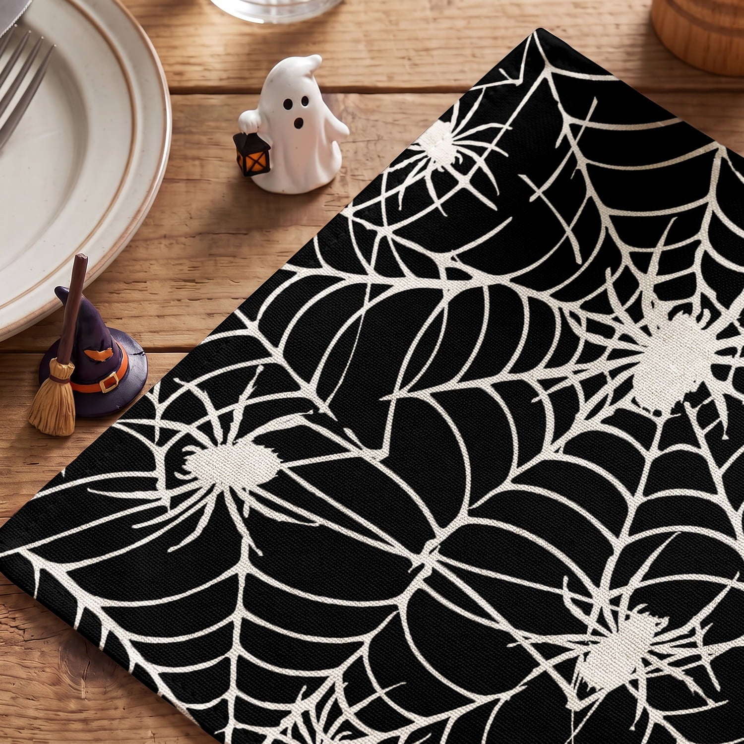 Smile Jack-O'-Lantern Spider Web Halloween Table Placemats Set of 4 Round 15 Inch Black