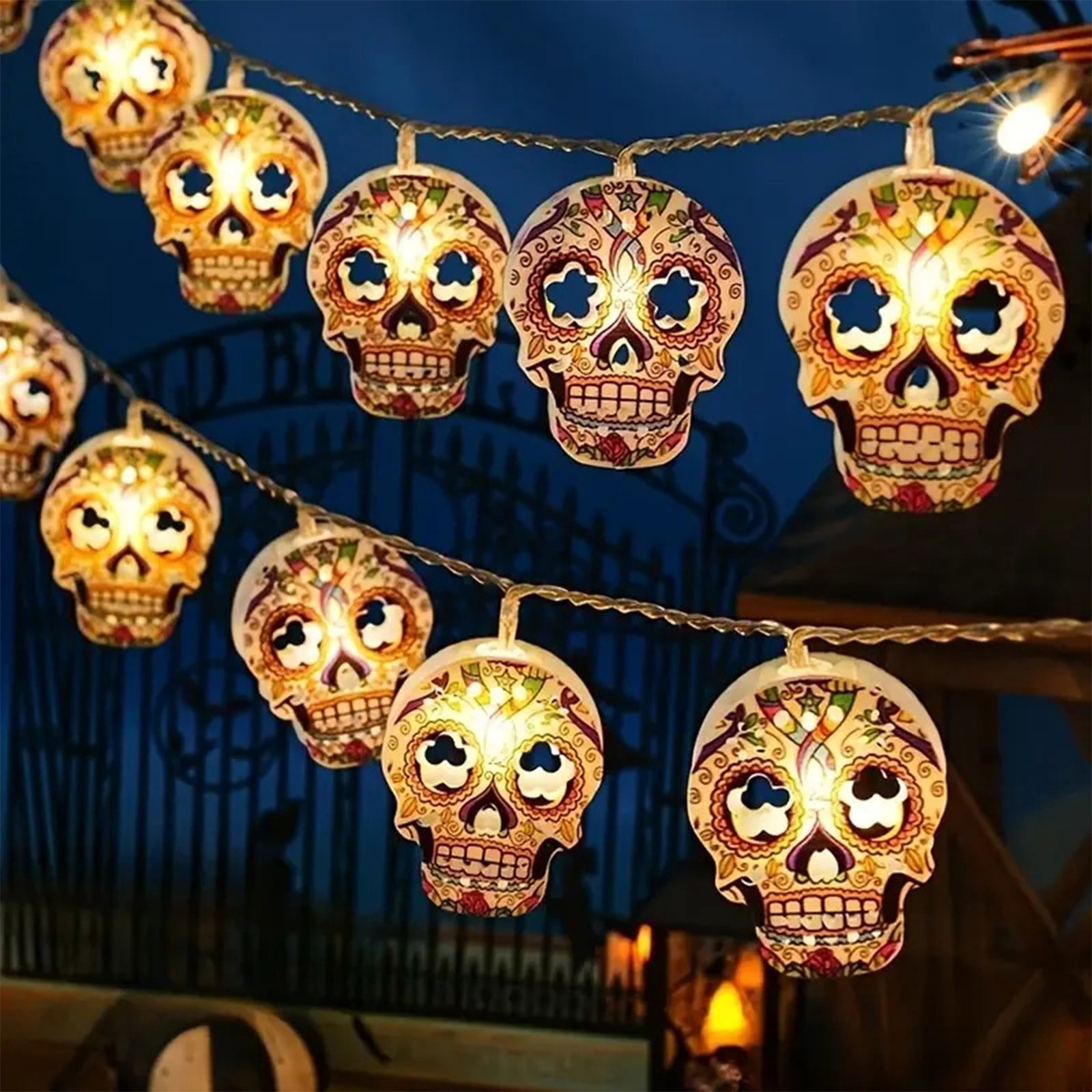 Btomtd 59.05 inch Skull String Light Luminous Halloween Decoration Prop for Horror Scene Layout Hanging Pendant Bar Party LED Decorative Light, Multicolor