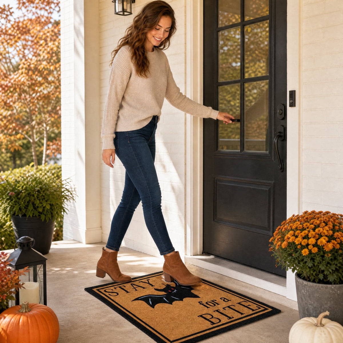 Fall Pumpkin Coir Doormat, Oh My Gourd Anti-Slip Front Door Mat Vintage Harvest Thanksgiving Halloween Entryway Floor Rug