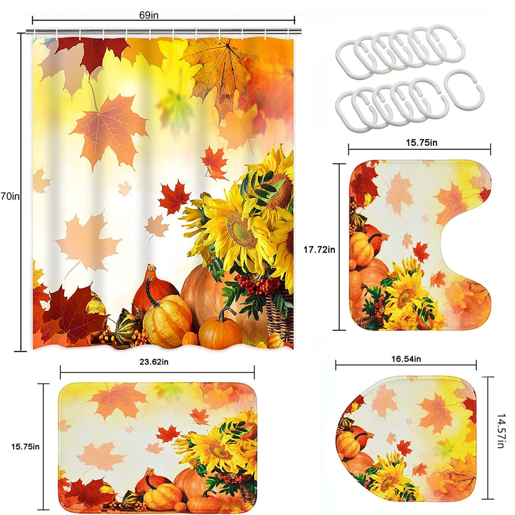 FRAMICS 16-Piece Fall Shower Curtain Sets with Rugs, Maple Leaves Pumpkin Bathroom Sets, Waterproof Fabric Bathroom Curtain Decor with Hooks