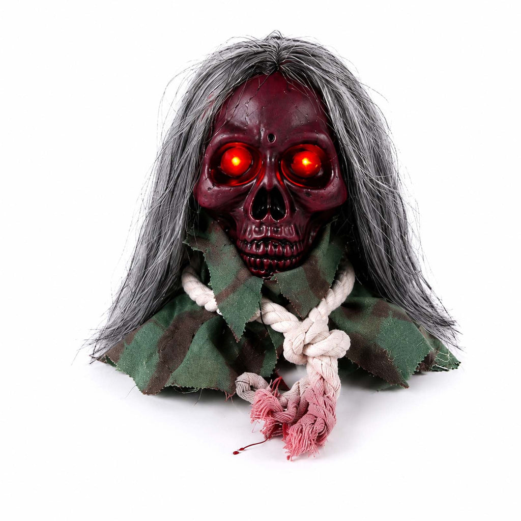 Animated Walking Skull Head with Light-Up Red Eyes Creepy Moving Halloween Prop with Long Grey Hair Horror Music Motorized Resin Decoration for Party Yard Indoor Outdoor Spooky Decor Gift