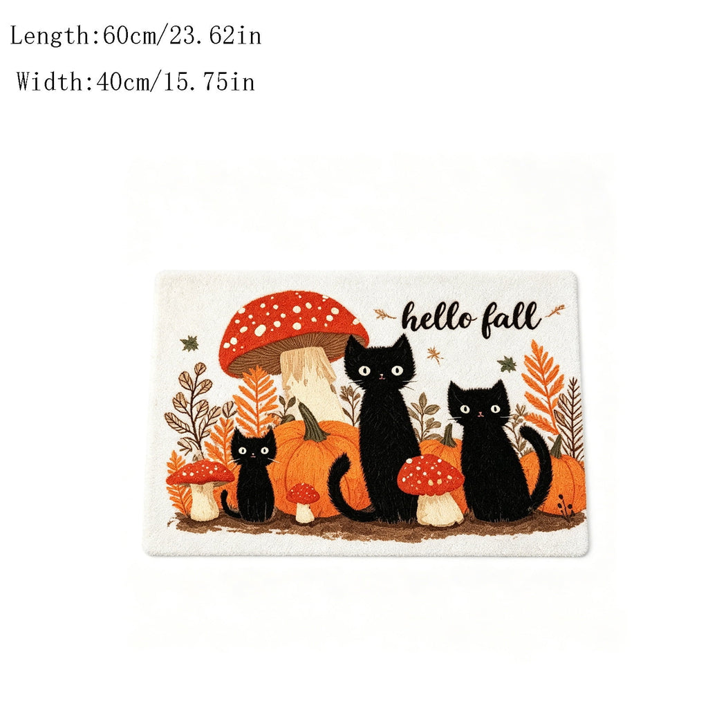 Halloween Black Cat Doormat, 23.6x15.7 Inch Spooky Pumpkin Floor Rug, Non-Slip Seasonal Entryway Mat for Front Door Porch & Indoor Decor