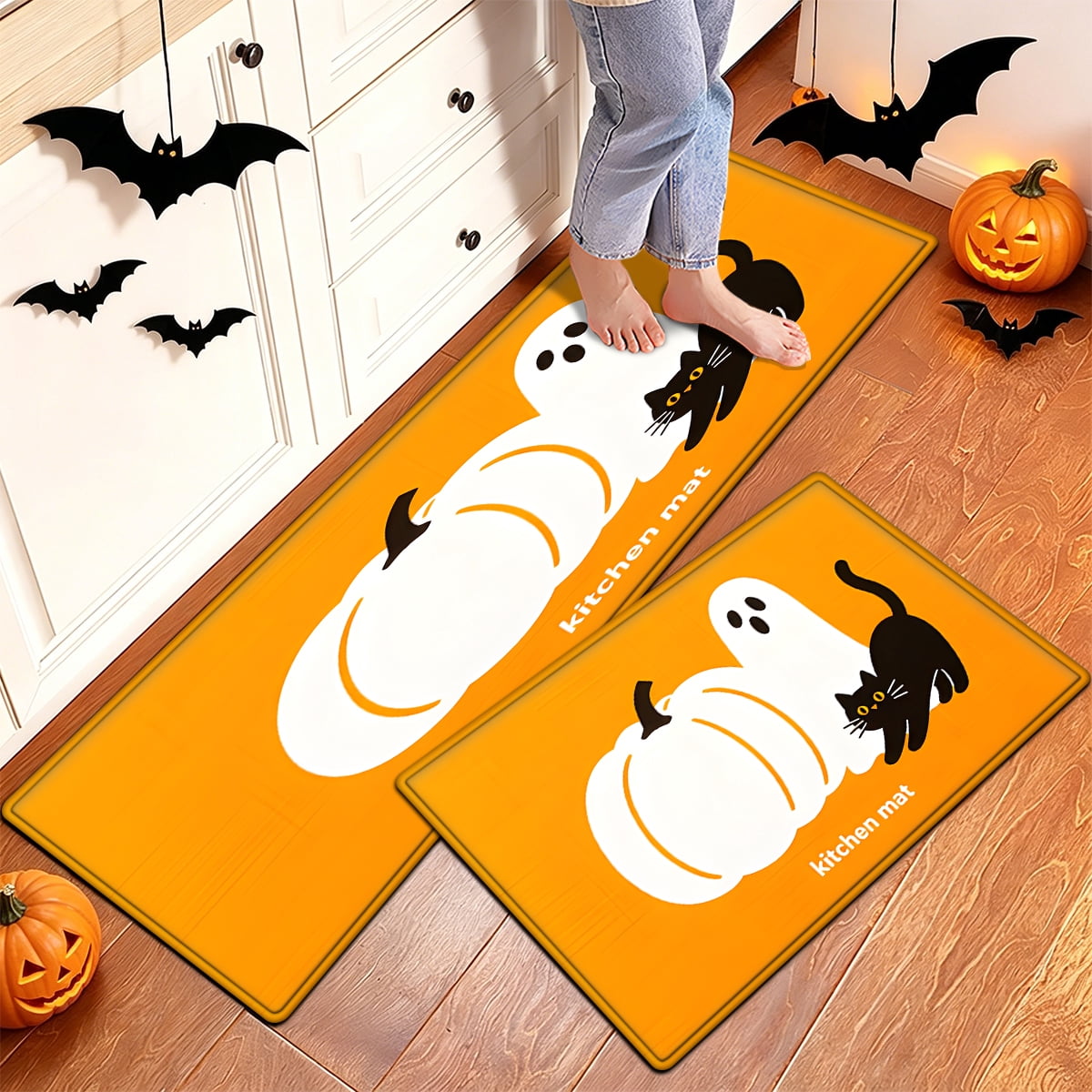 YIMEIS Halloween White Pumpkin Multi-purpose 3-Piece Flannel Mat and Kitchen Rugs,Soft Non-slip for Home Bedroom Bathroom
