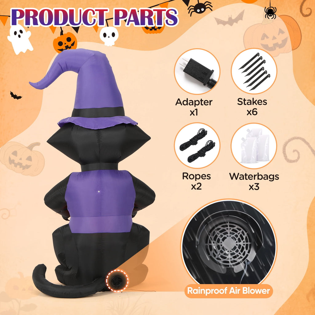 Toiyjofe 6ft Halloween Inflatable Black Cat with Glowing Jack o' Lantern and Witch Hat, Outdoor LED Trick-or-Treat Decoration for Yard, Lawn & Porch