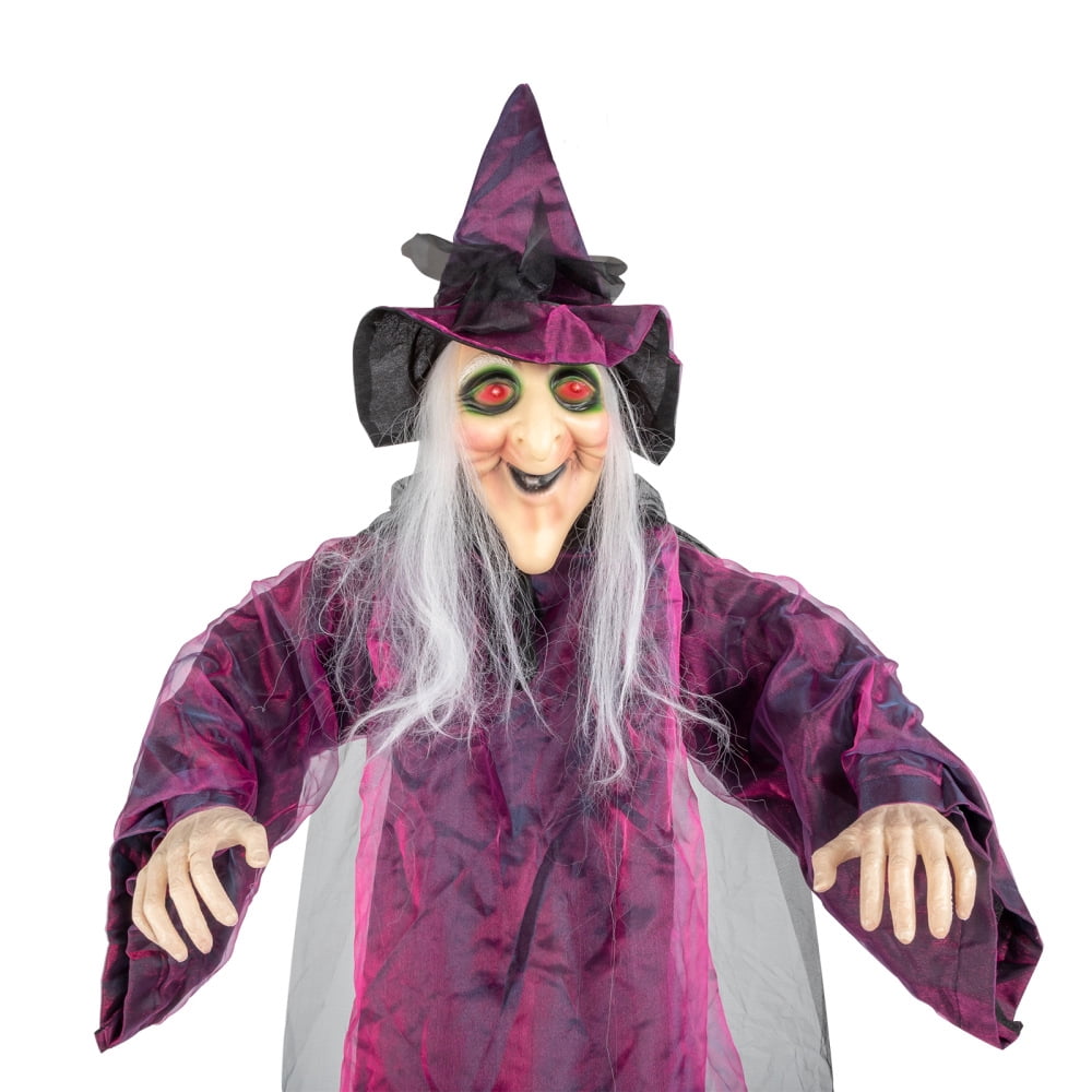 71" Life Size Hanging Talking Witch, Animated Halloween Witch with Sound Activation and Red Eyes for Outdoor & Indoor Decor - Old, Spooky and Scary Flying Animatronic Witch for Halloween Decorations